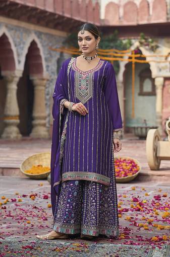Purple faux chinon embroidered readymade salwar suit