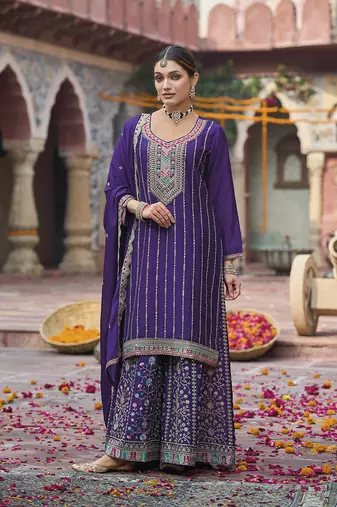 Purple faux chinon embroidered readymade salwar suit