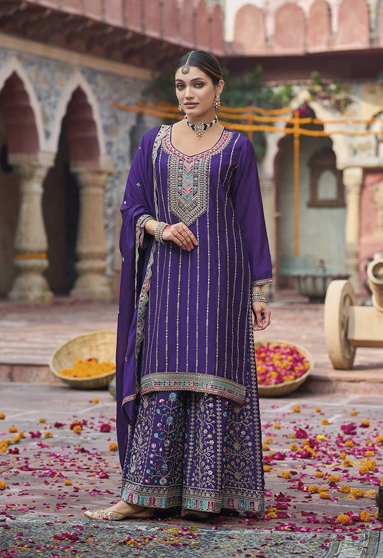 Purple faux chinon embroidered readymade salwar suit