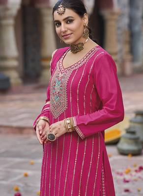 Hot pink faux chinon embroidered readymade salwar suit 3
