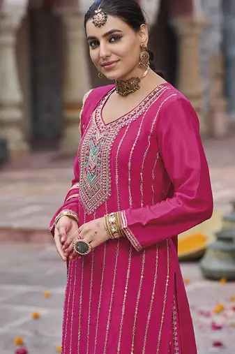 Hot pink faux chinon embroidered readymade salwar suit