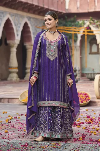 Purple faux chinon embroidered readymade salwar suit
