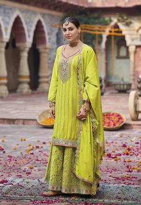 Lime green faux chinon embroidered readymade salwar suit 1