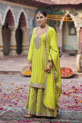 Lime green faux chinon embroidered readymade salwar suit