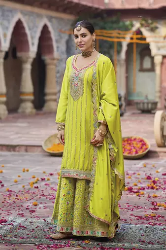 Lime green faux chinon embroidered readymade salwar suit