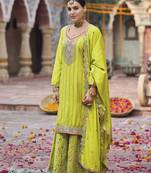 Lime green faux chinon embroidered readymade salwar suit