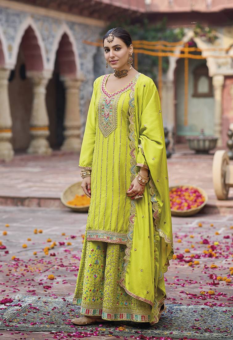 Lime green faux chinon embroidered readymade salwar suit
