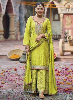 Lime green faux chinon embroidered readymade salwar suit 2