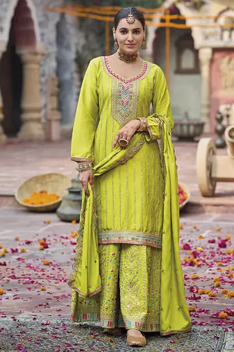 Lime green faux chinon embroidered readymade salwar suit