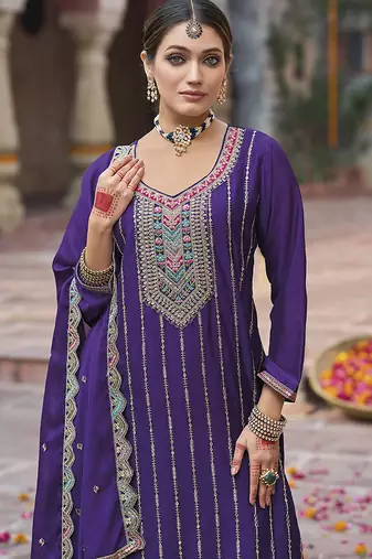 Purple faux chinon embroidered readymade salwar suit