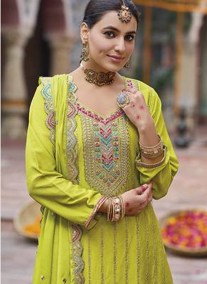 Lime green faux chinon embroidered readymade salwar suit 3