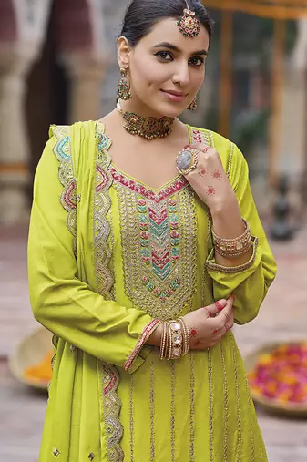 Lime green faux chinon embroidered readymade salwar suit