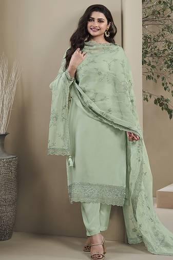 Pista green silk blend embroidered readymade salwar suit