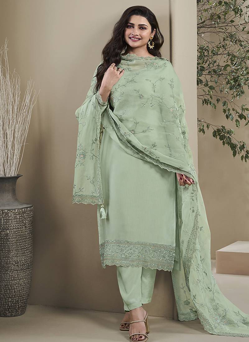 Pista green silk blend embroidered readymade salwar suit