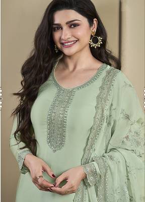 Pista green silk blend embroidered readymade salwar suit 2