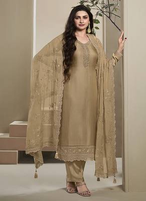Beige silk blend embroidered readymade salwar suit 1