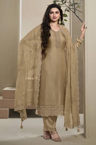 Beige silk blend embroidered readymade salwar suit