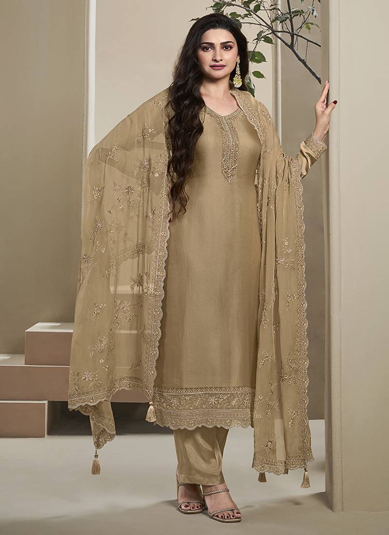 Beige silk blend embroidered readymade salwar suit