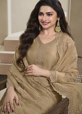 Beige silk blend embroidered readymade salwar suit 2
