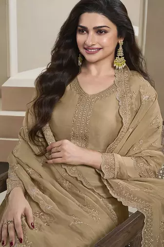 Beige silk blend embroidered readymade salwar suit
