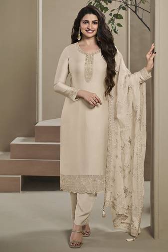 Cream silk blend embroidered readymade salwar suit