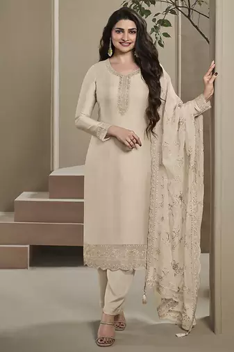 Cream silk blend embroidered readymade salwar suit