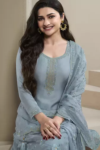 Sky blue silk blend embroidered readymade salwar suit