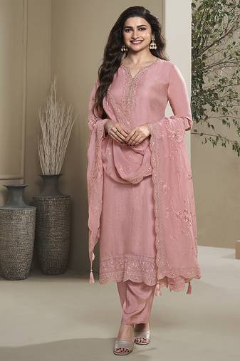 Light pink silk blend embroidered readymade salwar suit
