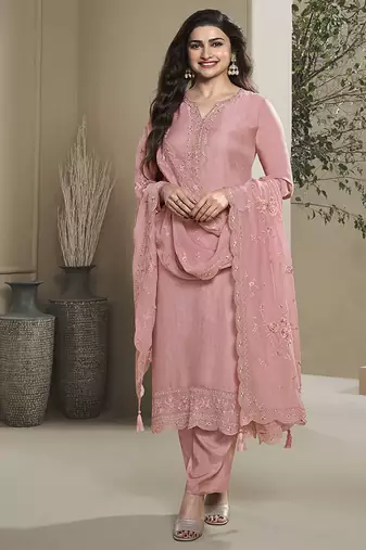 Light pink silk blend embroidered readymade salwar suit
