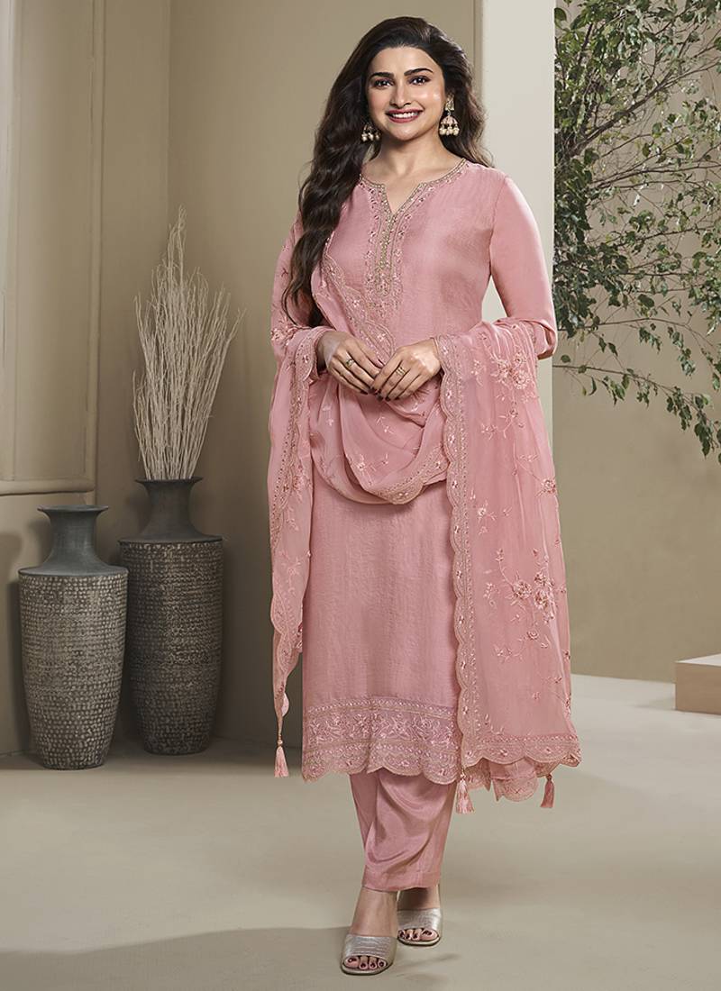 Light pink silk blend embroidered readymade salwar suit