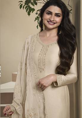 Cream silk blend embroidered readymade salwar suit 2
