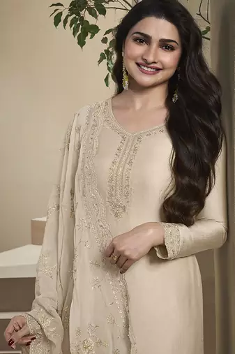 Cream silk blend embroidered readymade salwar suit
