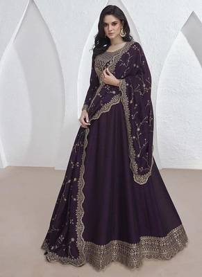 Purple vichitra silk embroidered readymade salwar kameez 1