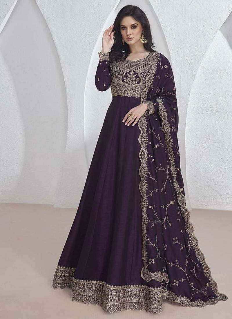 Purple vichitra silk embroidered readymade salwar kameez