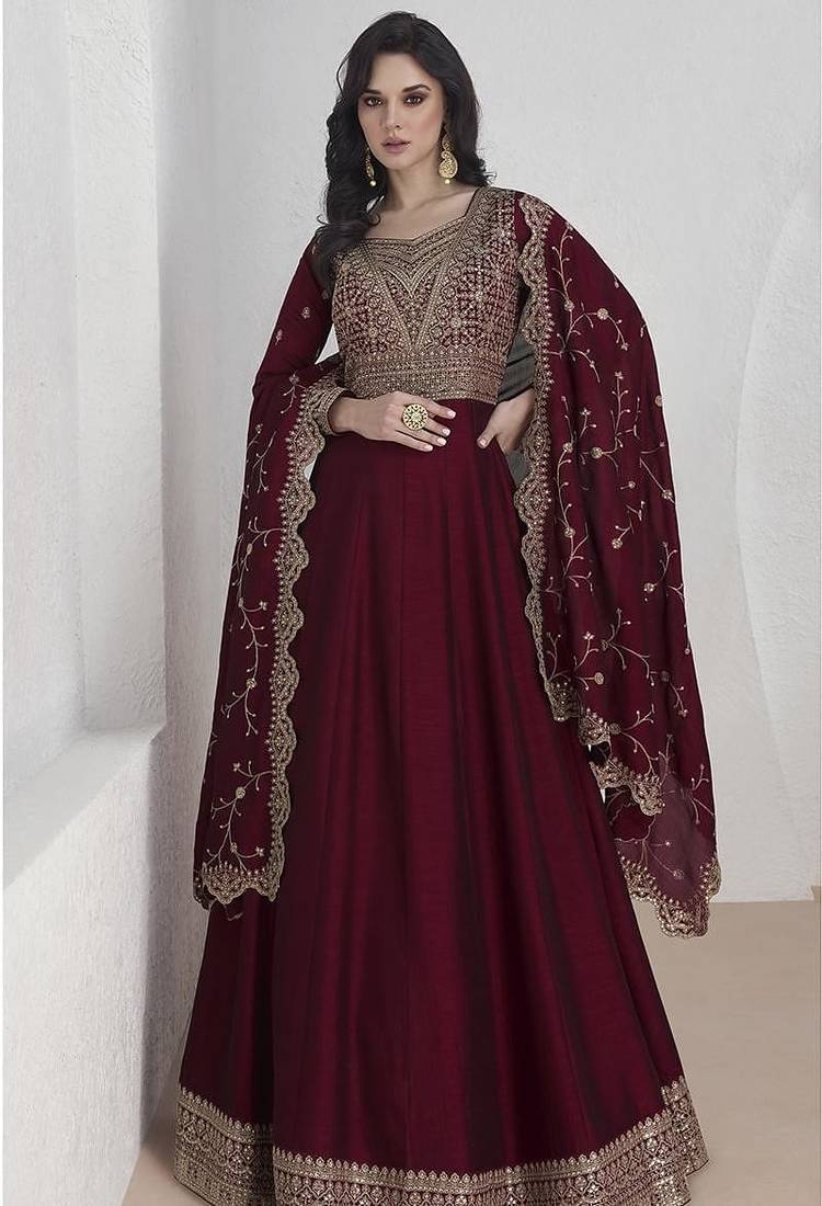 Maroon vichitra silk embroidered readymade salwar kameez