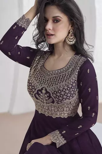 Purple vichitra silk embroidered readymade salwar kameez