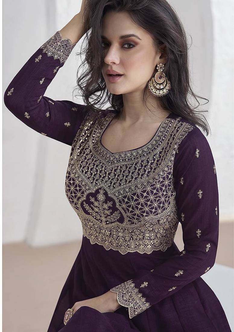 Purple vichitra silk embroidered readymade salwar kameez
