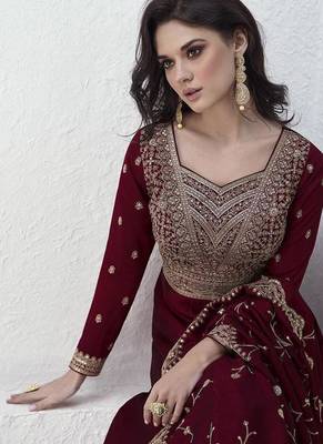 Maroon vichitra silk embroidered readymade salwar kameez 3