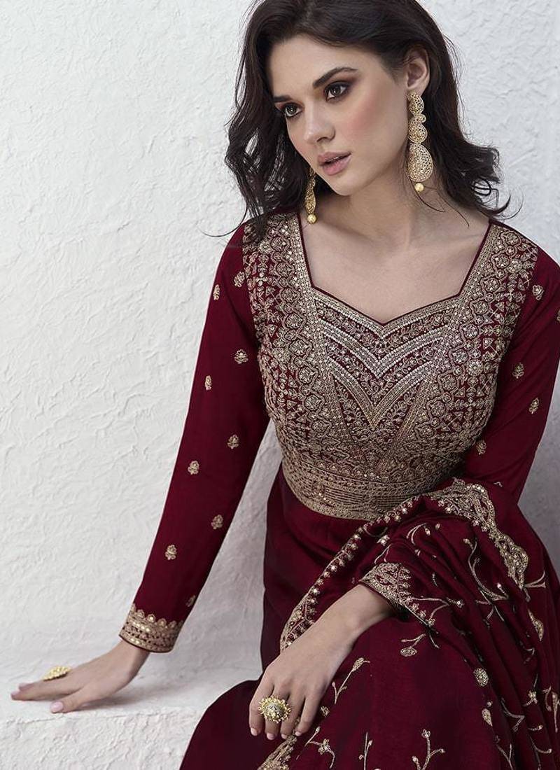 Maroon vichitra silk embroidered readymade salwar kameez