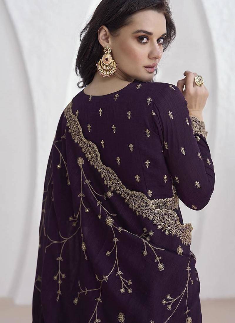 Purple vichitra silk embroidered readymade salwar kameez