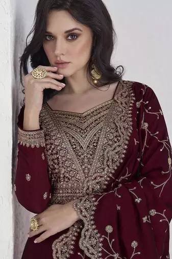 Maroon vichitra silk embroidered readymade salwar kameez