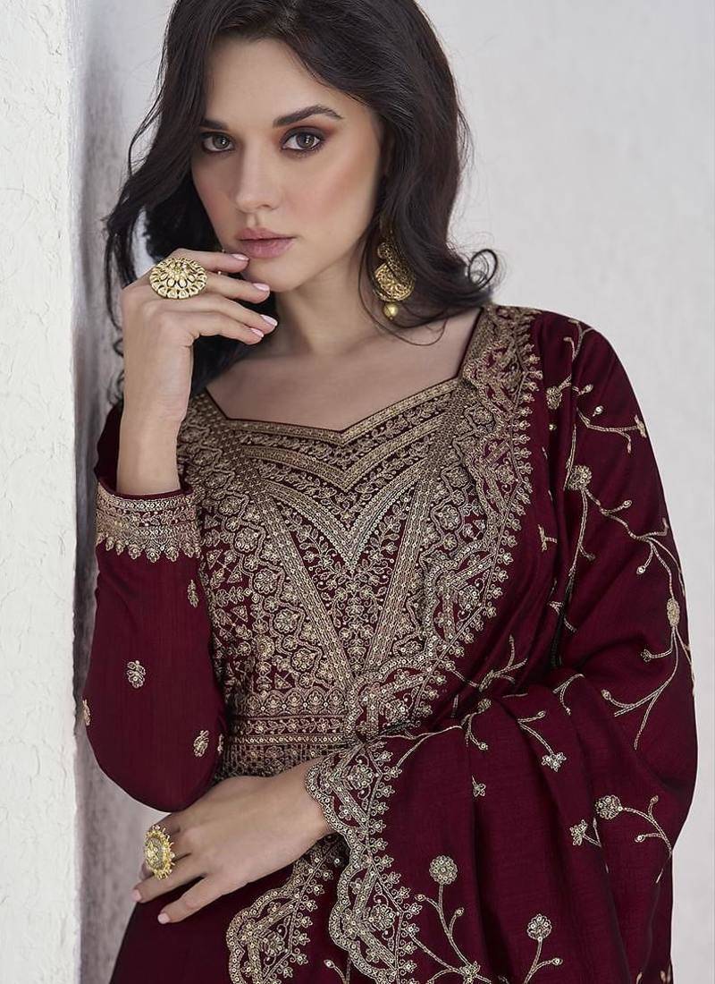 Maroon vichitra silk embroidered readymade salwar kameez