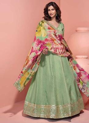 Pista green viscose jacquard silk embroidered readymade gown with dupatta 1
