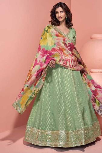 Pista green viscose jacquard silk embroidered readymade gown with dupatta