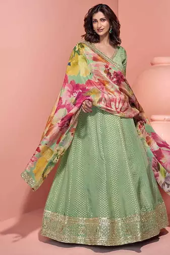 Pista green viscose jacquard silk embroidered readymade gown with dupatta