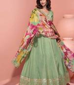 Pista green viscose jacquard silk embroidered readymade gown with dupatta