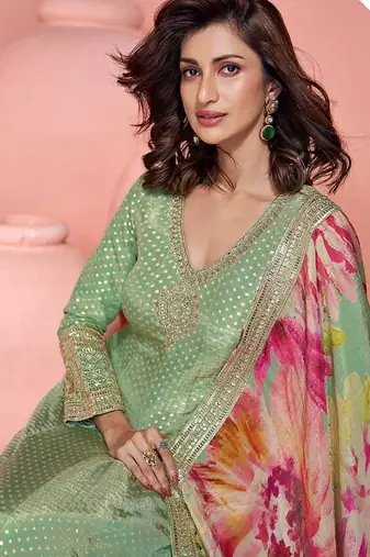 Pista green viscose jacquard silk embroidered readymade gown with dupatta