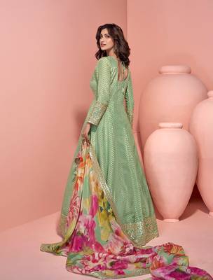 Pista green viscose jacquard silk embroidered readymade gown with dupatta 4
