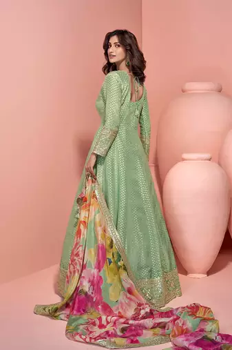 Pista green viscose jacquard silk embroidered readymade gown with dupatta