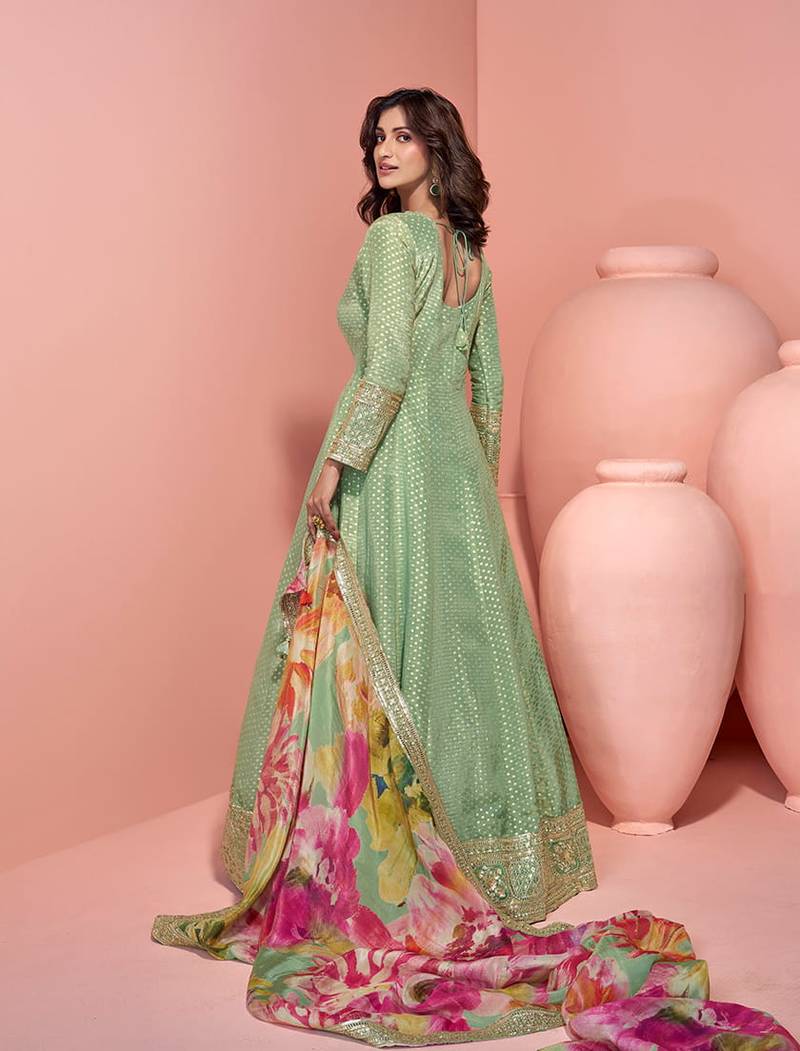 Pista green viscose jacquard silk embroidered readymade gown with dupatta